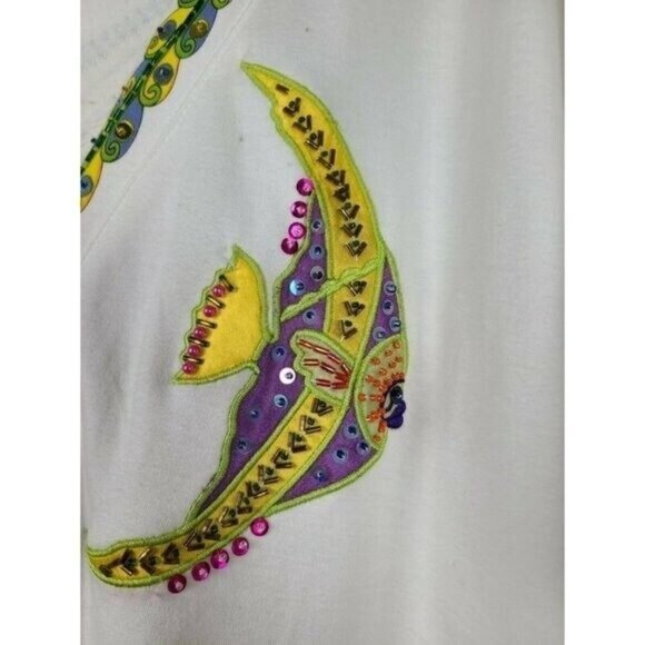 Vintage Lisa Ashley Womens Wearable Art Fish Cardigan Large White Embroidered - Picture 3 of 11